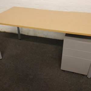 Used Condition Gresham 1600mm x 800mm Light Oak Workstation Complete With 3 Drawer Metal Pedestal